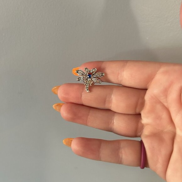 Silver Blue Red Dragonfly Pin Jewels Lapel Small Collector Jewelry Vintage - Picture 1 of 6